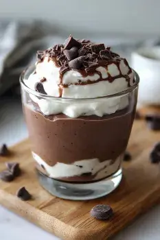 High Protein Cottage Cheese Chocolate Mousse 7 A glass filled with layers of chocolate mousse and whipped cream, topped with chocolate chips and shavings.