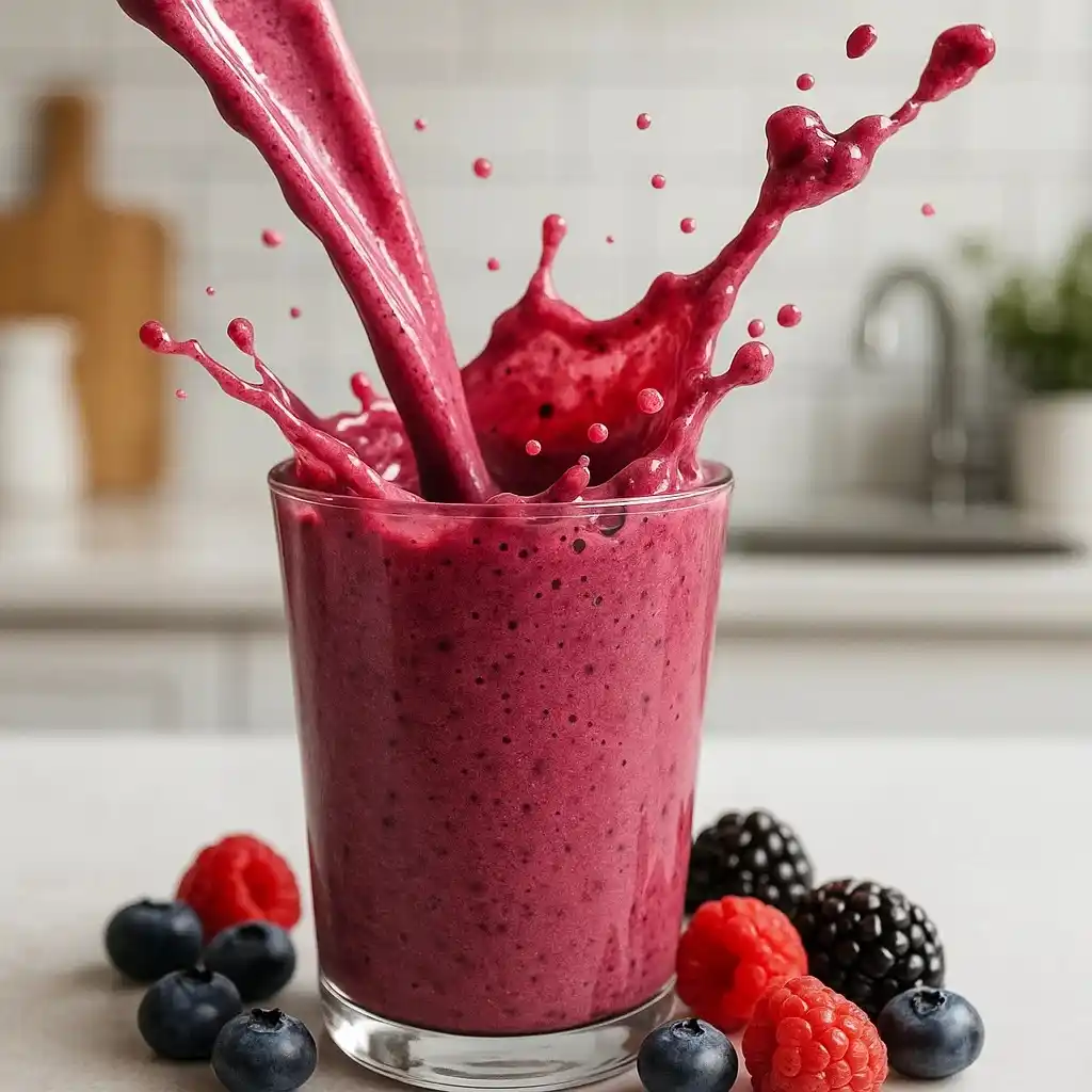 Berry Boost Protein Smoothie: The High-Protein Breakfast That Feels Like a Treat 10 Pouring a Berry Boost Protein Smoothie into a glass