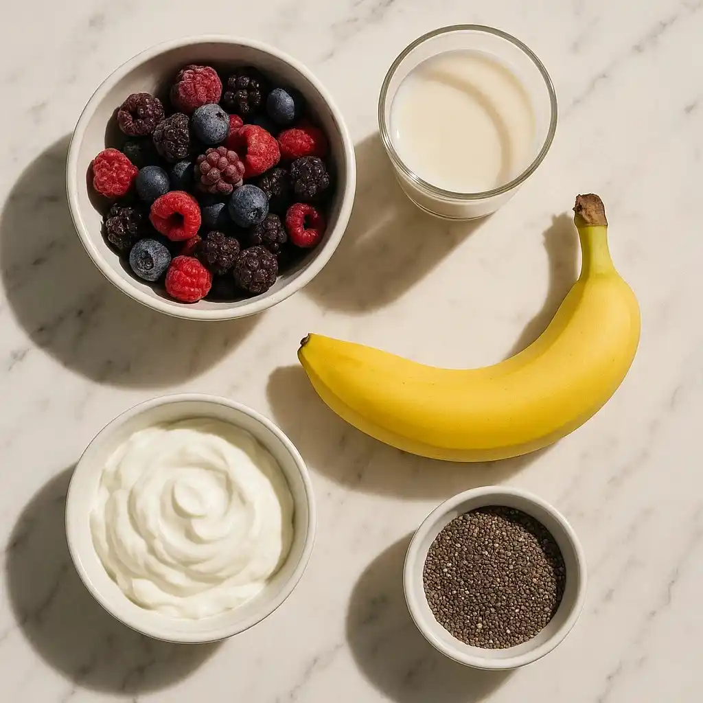 Berry Boost Protein Smoothie: The High-Protein Breakfast That Feels Like a Treat 9 Berry Boost Protein Smoothie ingredients laid out on a counter