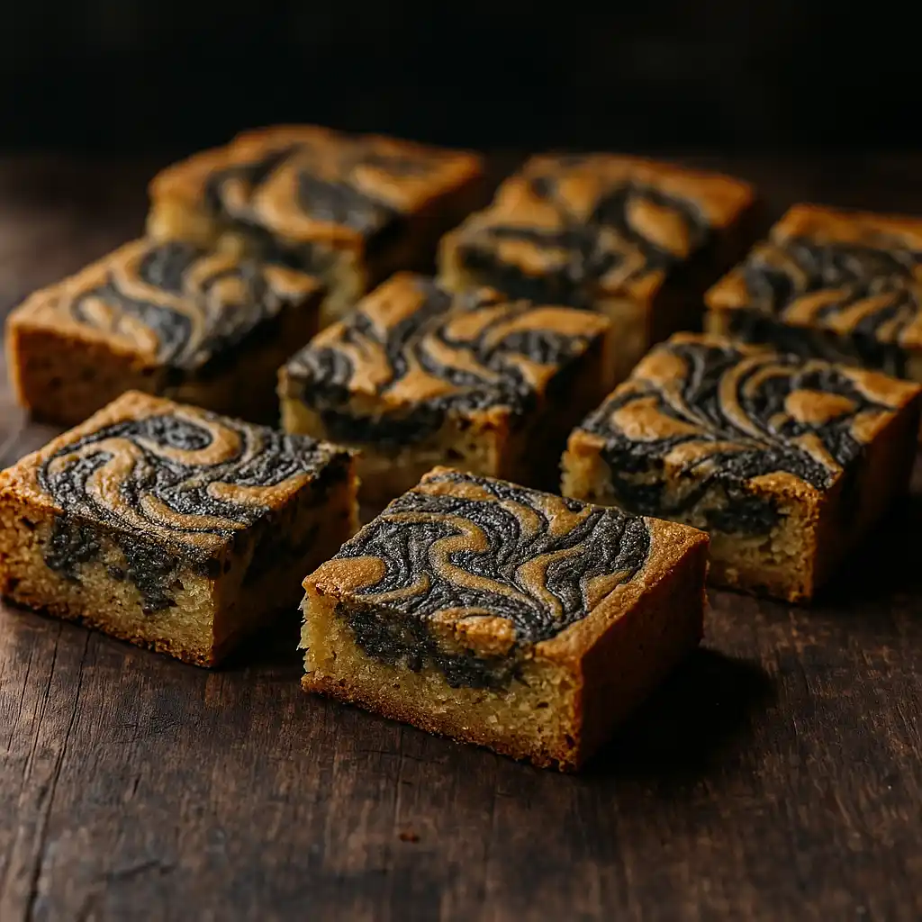 Black Sesame Frangipane Blondie 8 Black Sesame Frangipane Blondie sliced on wooden table