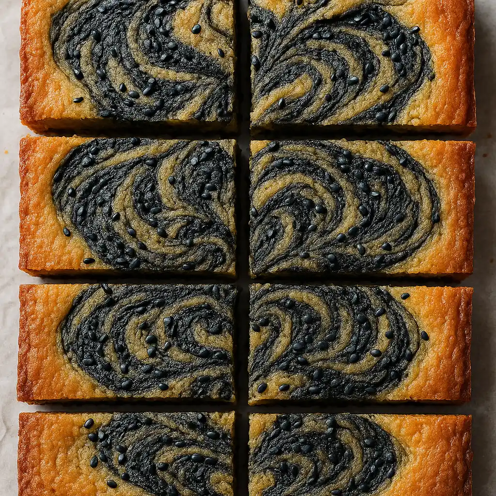 Black Sesame Frangipane Blondie 12 Black sesame frangipane blondie cut into perfect squares