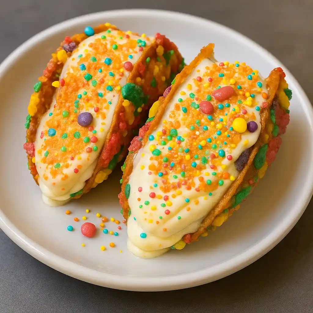Fruity Pebbles Cheesecake Tacos – The Most Colorful & Delicious Dessert Craze 6 Fruity Pebbles Cheesecake Tacos stacked on plate