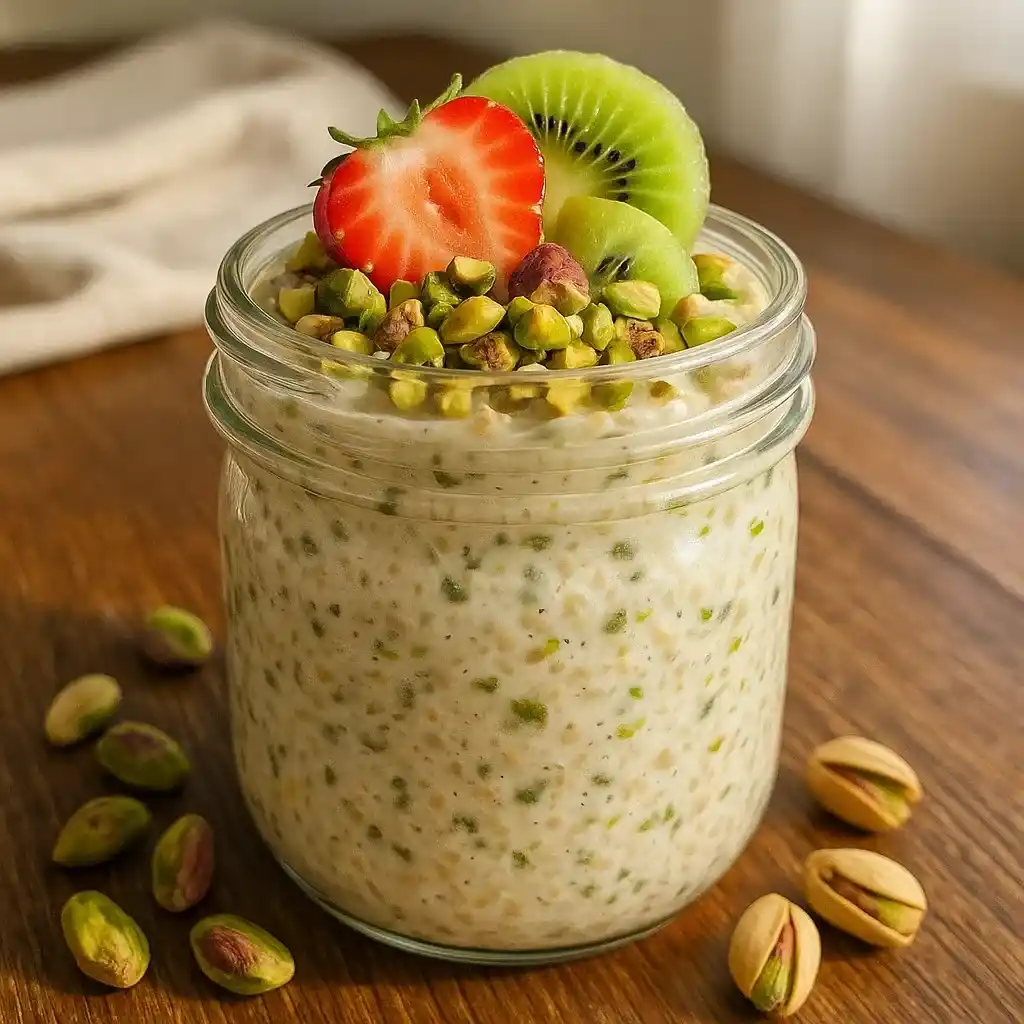 Pistachio Overnight Oats Recipe – A Creamy, Nutty Make-Ahead Breakfast You’ll Love 7 Pistachio overnight oats recipe in glass jar with toppings