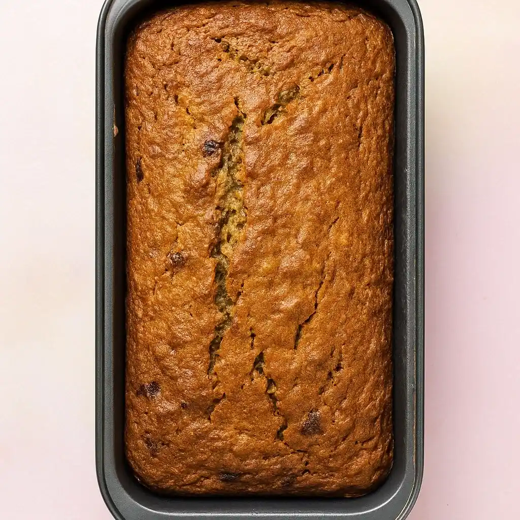 Protein Banana Bread – The Delicious, Healthy Upgrade Your Breakfast Needs 14 Freshly baked banana bread loaf in a rectangular metal pan with a cracked top.