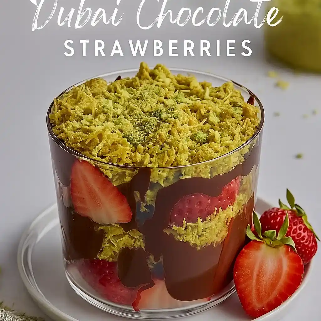 Dubai Chocolate Strawberries – Luxury You Can Taste at Home 7 A dessert cup filled with layered strawberries, melted chocolate, and a topping of golden shredded pastry and green pistachio dust.