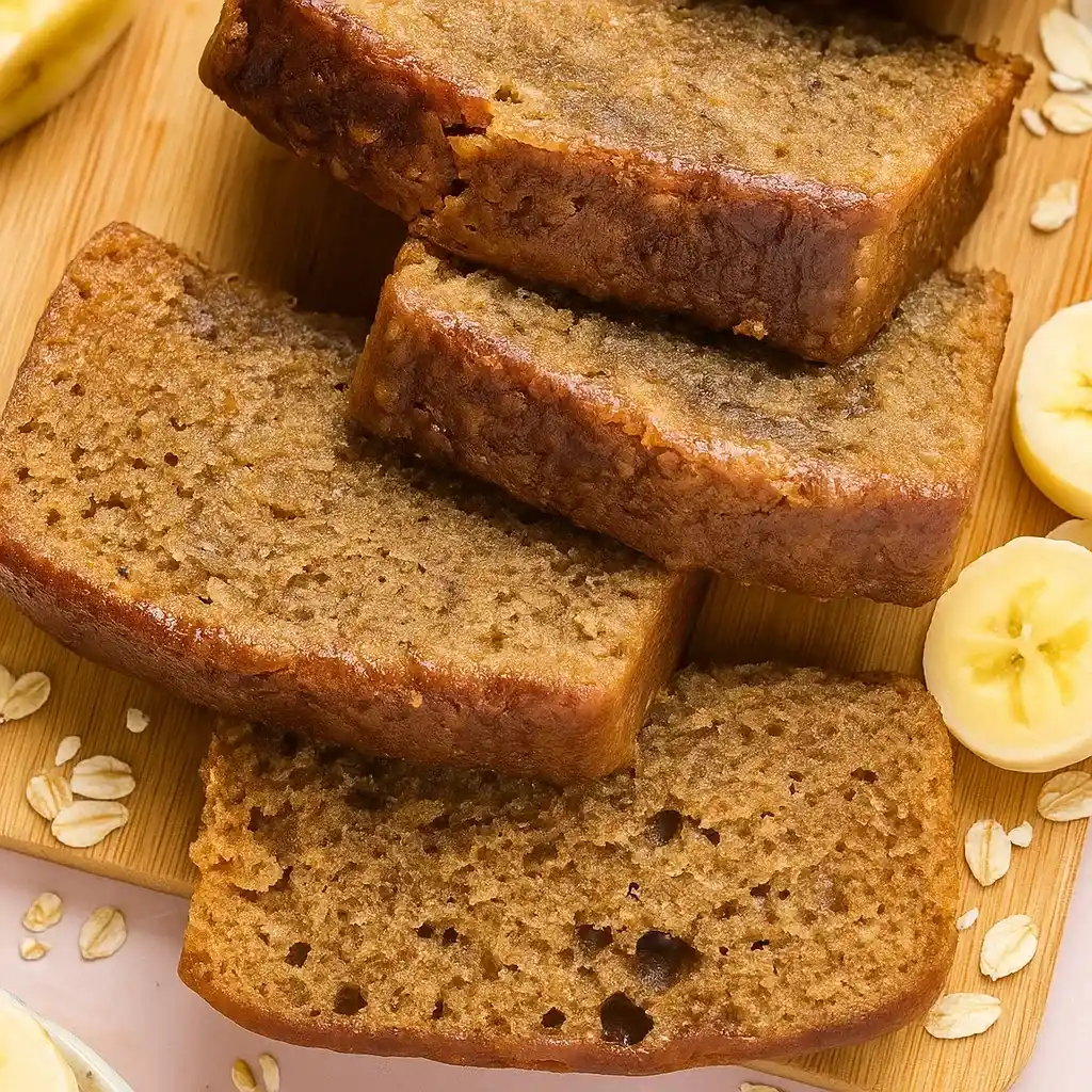 Protein Banana Bread – The Delicious, Healthy Upgrade Your Breakfast Needs 9 Flat lay of labeled ingredients for banana bread, including bananas, eggs, Greek yogurt, flour, honey, spices, vanilla, protein powder, and applesauce.