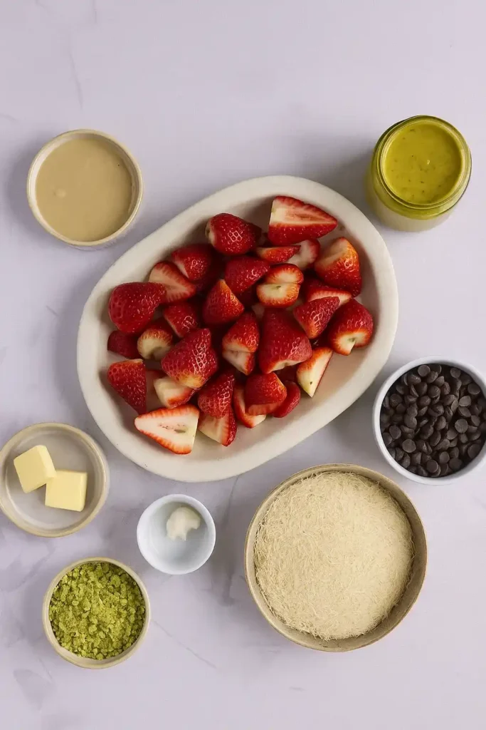 Dubai Chocolate Strawberries – Luxury You Can Taste at Home 9 A flat lay of ingredients for Dubai Chocolate Strawberries, including halved strawberries, chocolate chips, pistachio paste, kataifi pastry, and butter.