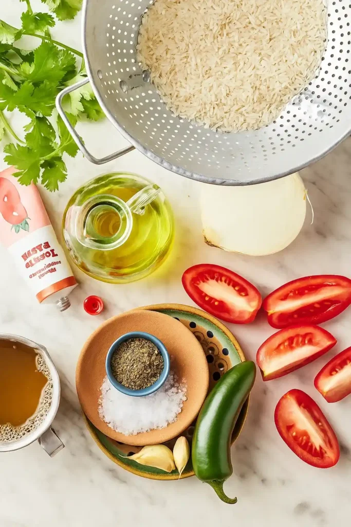 Spanish Rice Recipe That Tastes Just Like Your Favorite Mexican Restaurant 10 Overhead view of Mexican rice ingredients, including dry rice, tomatoes, onion, garlic, jalapeño, spices, broth, tomato paste, olive oil, and cilantro.