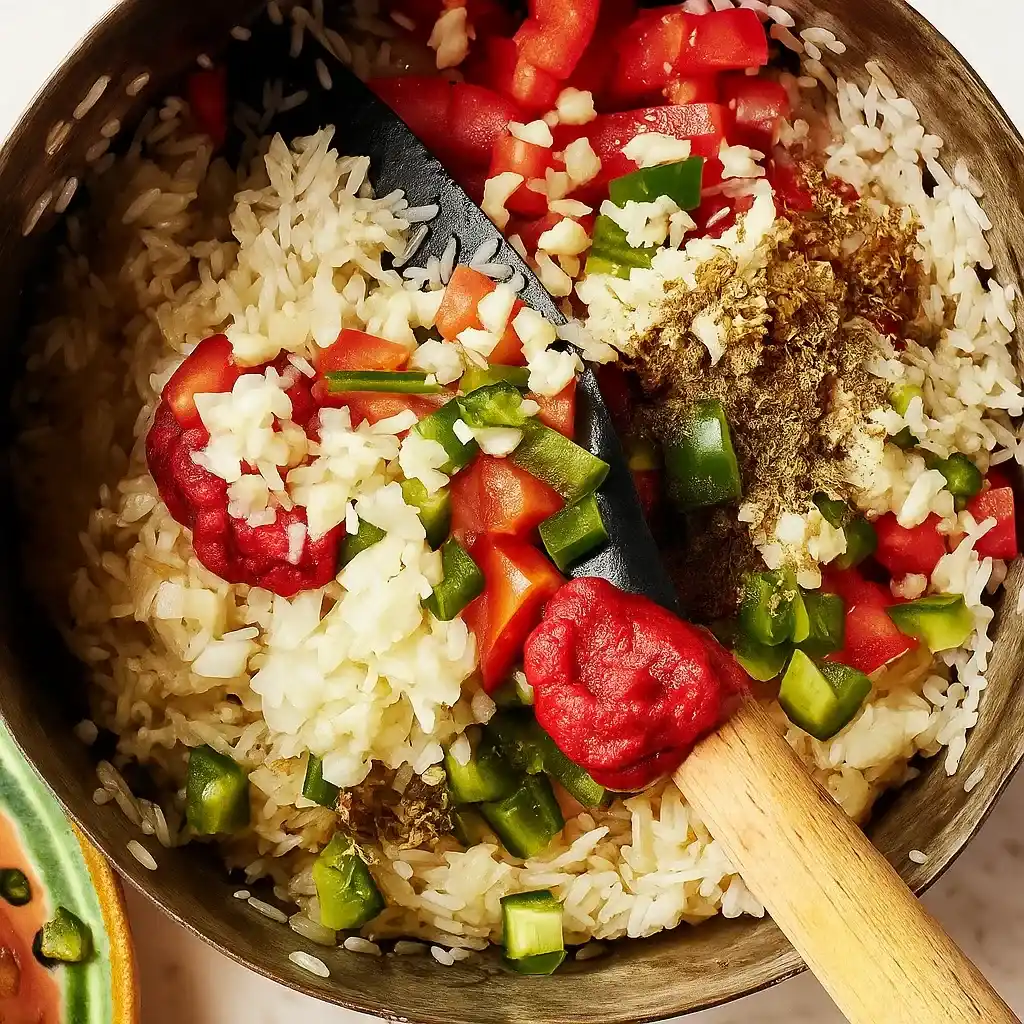 Spanish Rice Recipe That Tastes Just Like Your Favorite Mexican Restaurant 12 A pot of rice mixed with raw diced tomatoes, onions, garlic, jalapeños, and tomato paste before cooking.