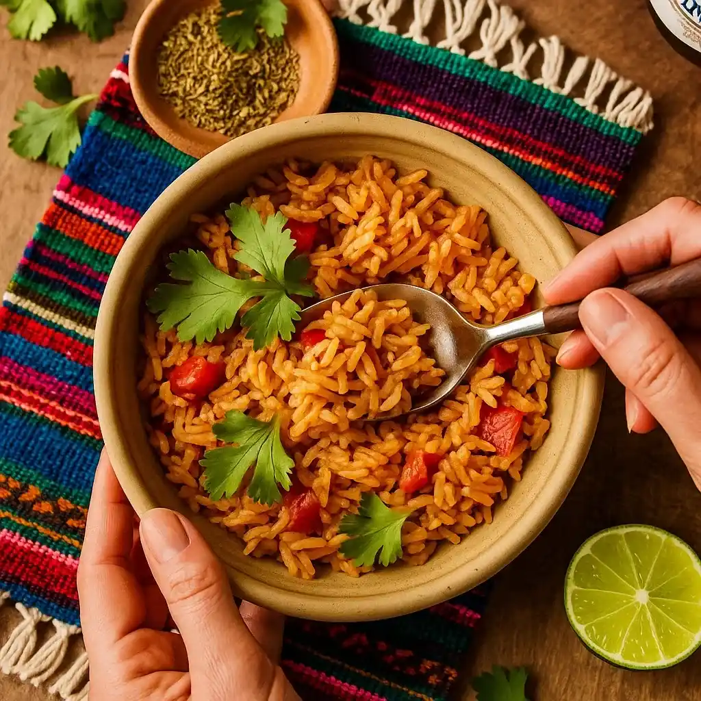 Spanish Rice Recipe That Tastes Just Like Your Favorite Mexican Restaurant 8 Bowl of Mexican rice garnished with fresh cilantro, held by a person with a spoon scooping some rice.