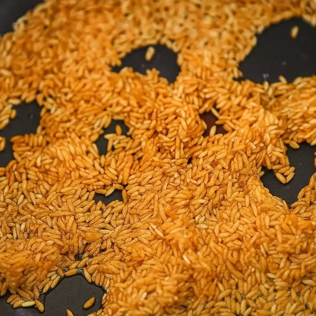 Spanish Rice Recipe That Tastes Just Like Your Favorite Mexican Restaurant 11 Close-up of rice toasting in a skillet, turning golden brown.