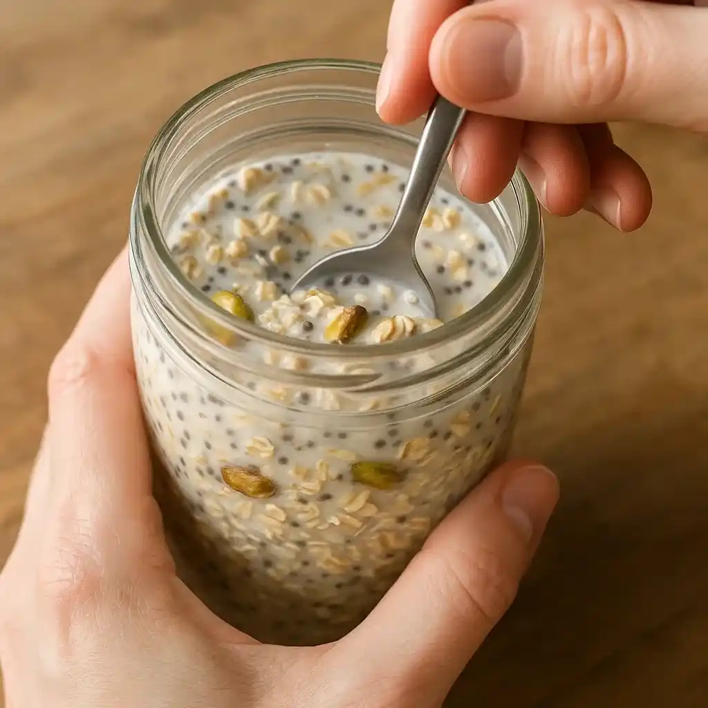 Pistachio Overnight Oats Recipe – A Creamy, Nutty Make-Ahead Breakfast You’ll Love 10 Preparing pistachio overnight oats in a jar