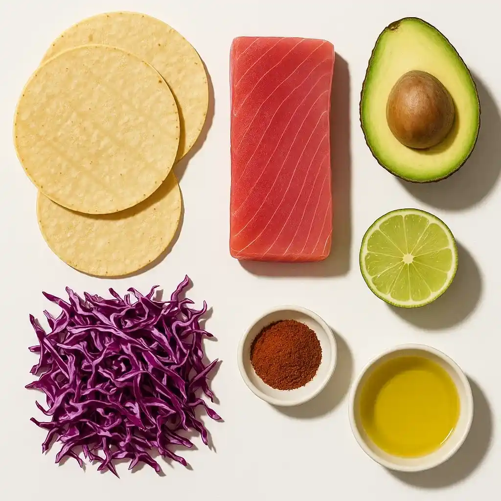 The Best Ahi Tuna Tostada Recipe: Fresh, Bold, and Unforgettable Flavor 10 Ahi tuna tostada ingredients laid out