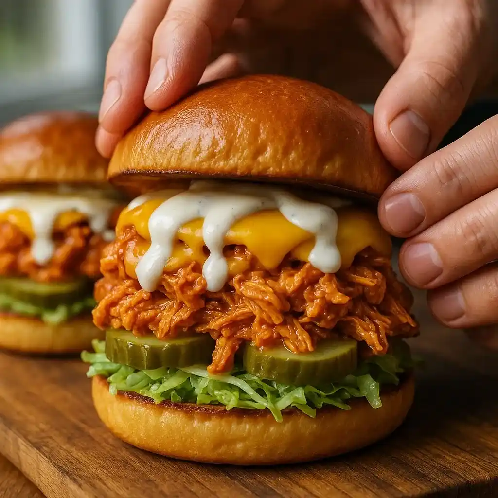 Slow Cooker Buffalo Chicken Sandwiches 11 Assembling Cooker Buffalo Chicken Sandwiches with toppings