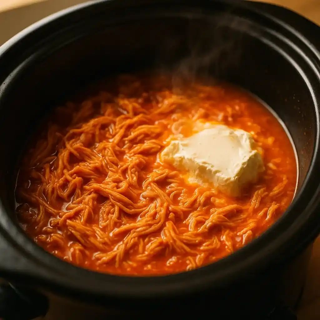 Slow Cooker Buffalo Chicken Sandwiches 10 Buffalo chicken cooking in a slow cooker for sandwiches