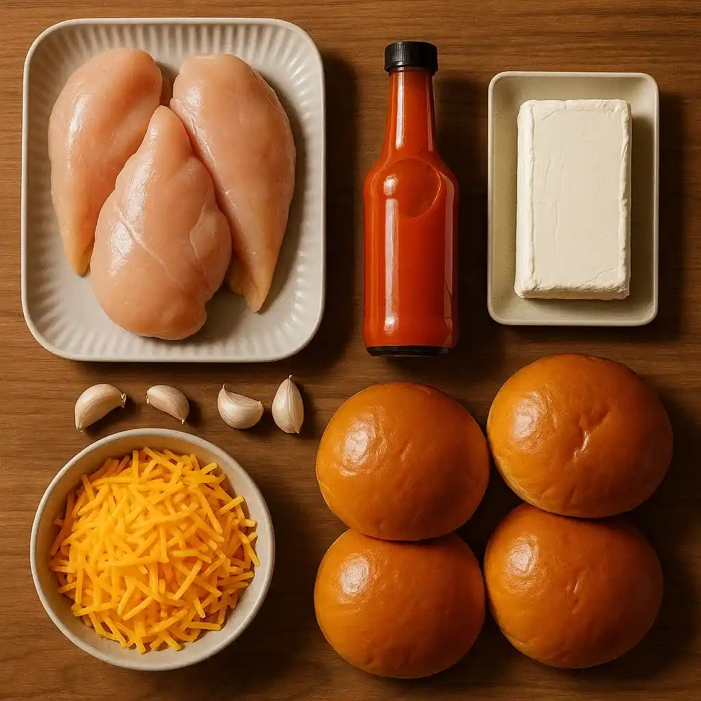 Slow Cooker Buffalo Chicken Sandwiches 9 Ingredients for Cooker Buffalo Chicken Sandwiches on counter