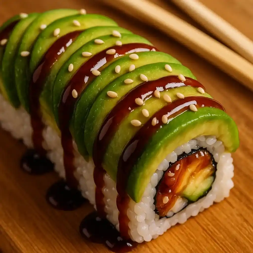 Caterpillar Roll: A Homemade Sushi Story with Heart 7 Caterpillar Roll sushi with avocado and eel sauce close-up