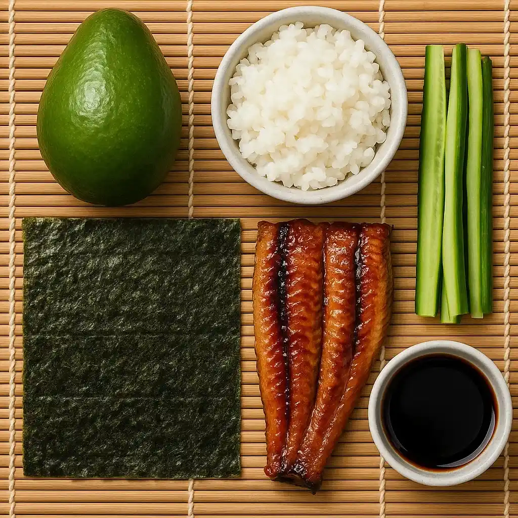 Caterpillar Roll: A Homemade Sushi Story with Heart 9 Caterpillar Roll sushi ingredients flat lay