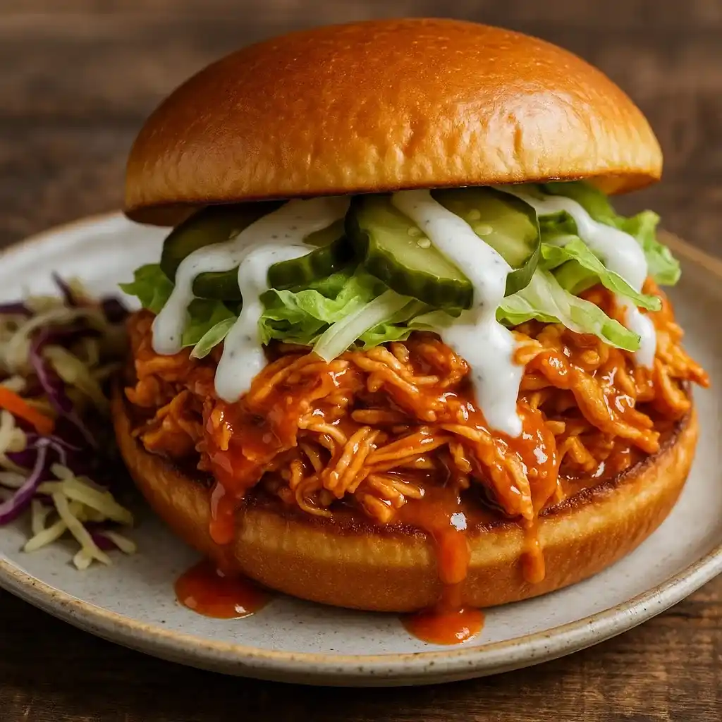 Slow Cooker Buffalo Chicken Sandwiches 7 Cooker Buffalo Chicken Sandwiches served on toasted brioche bun