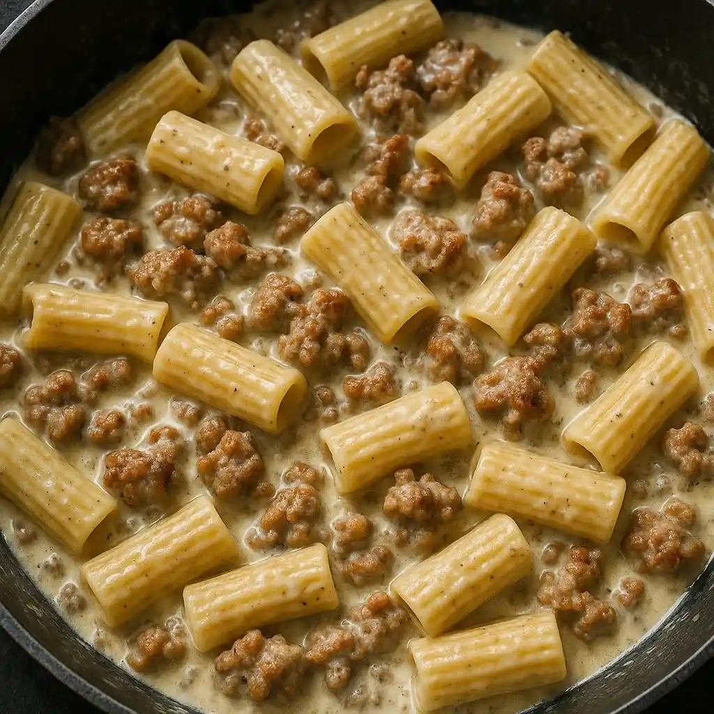 Creamy Italian Sausage Pasta Recipe for the Perfect Family Dinner 10 Creamy Italian sausage pasta cooking in skillet