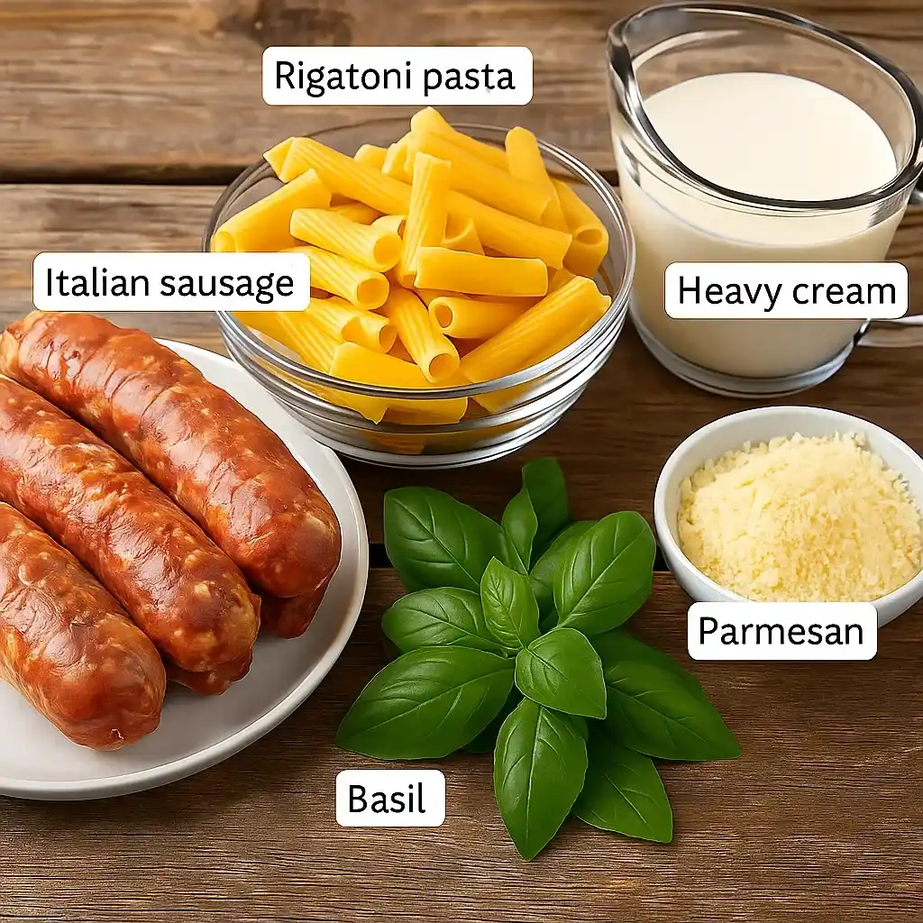 Creamy Italian Sausage Pasta Recipe for the Perfect Family Dinner 9 Ingredients for creamy Italian sausage pasta on wooden table