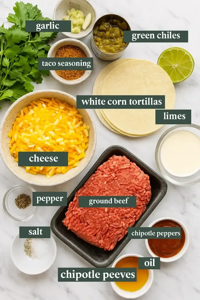 Crispy Beef Tacos: The Best Homemade Crunch Recipe 8 Ingredients for crispy beef tacos on marble