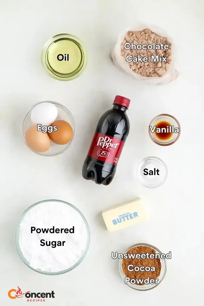 Dr Pepper Cake from Cake Mix: A Sweet Twist on Tradition 16 Dr Pepper Cake from Cake Mix ingredients flat lay