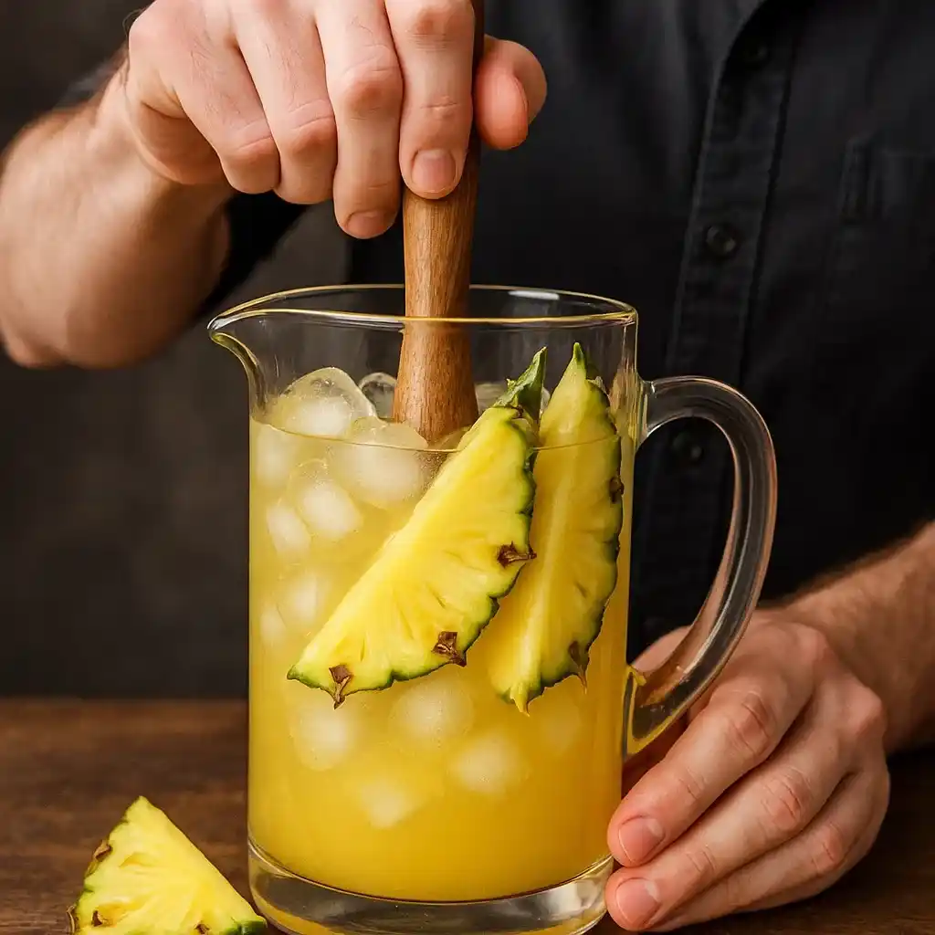 Pineapple Rum Punch Cocktail: A Taste of My Kitchen 11 Bartender mixing Pineapple Rum Punch Cocktail in a glass pitcher with ice