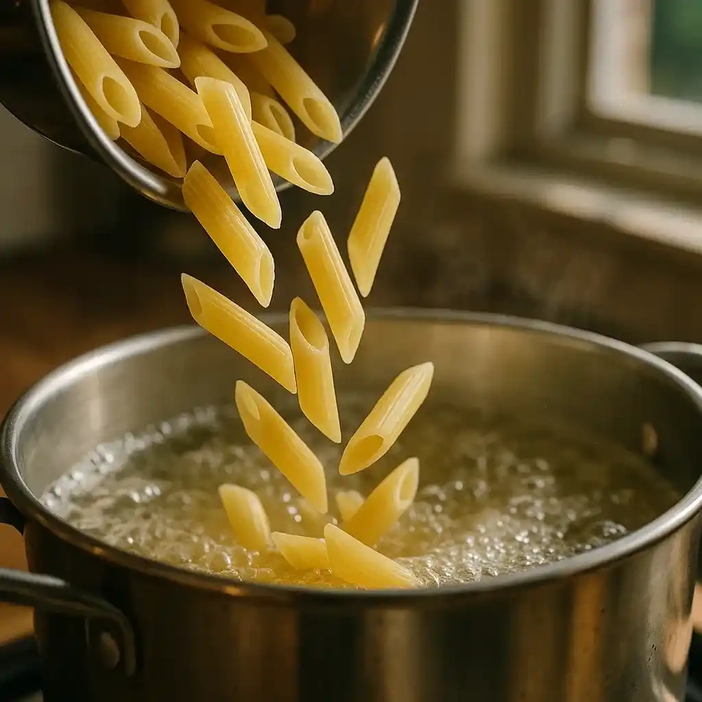 Cheesy and Creamy Broccoli Pasta Recipe 13 Uncooked pasta being added to boiling water for cheesy and creamy broccoli pasta recipe