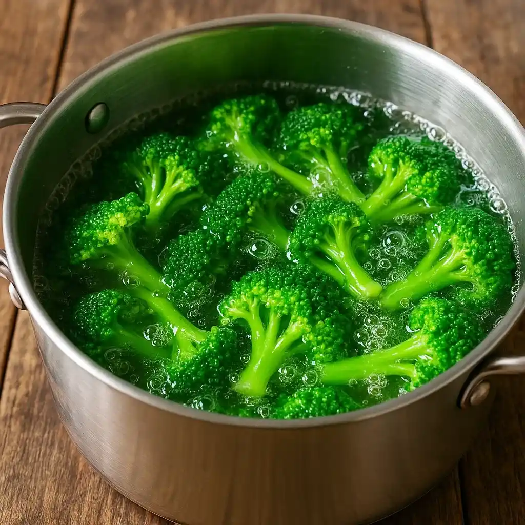 Cheesy and Creamy Broccoli Pasta Recipe 14 Fresh broccoli florets blanching in boiling water for cheesy and creamy broccoli pasta recipe