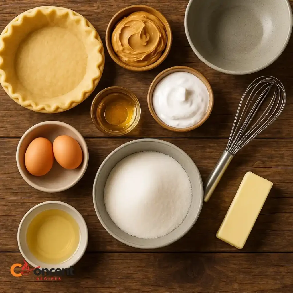 How to Make Amish Peanut Butter Cream Pie with Love & Tradition 17 Amish Peanut Butter Cream Pie ingredients on wooden table