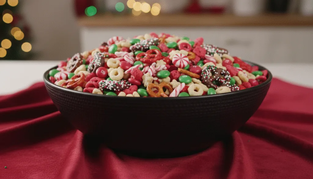 Christmas Chex Mix Crack with festive ingredients for holiday snacking