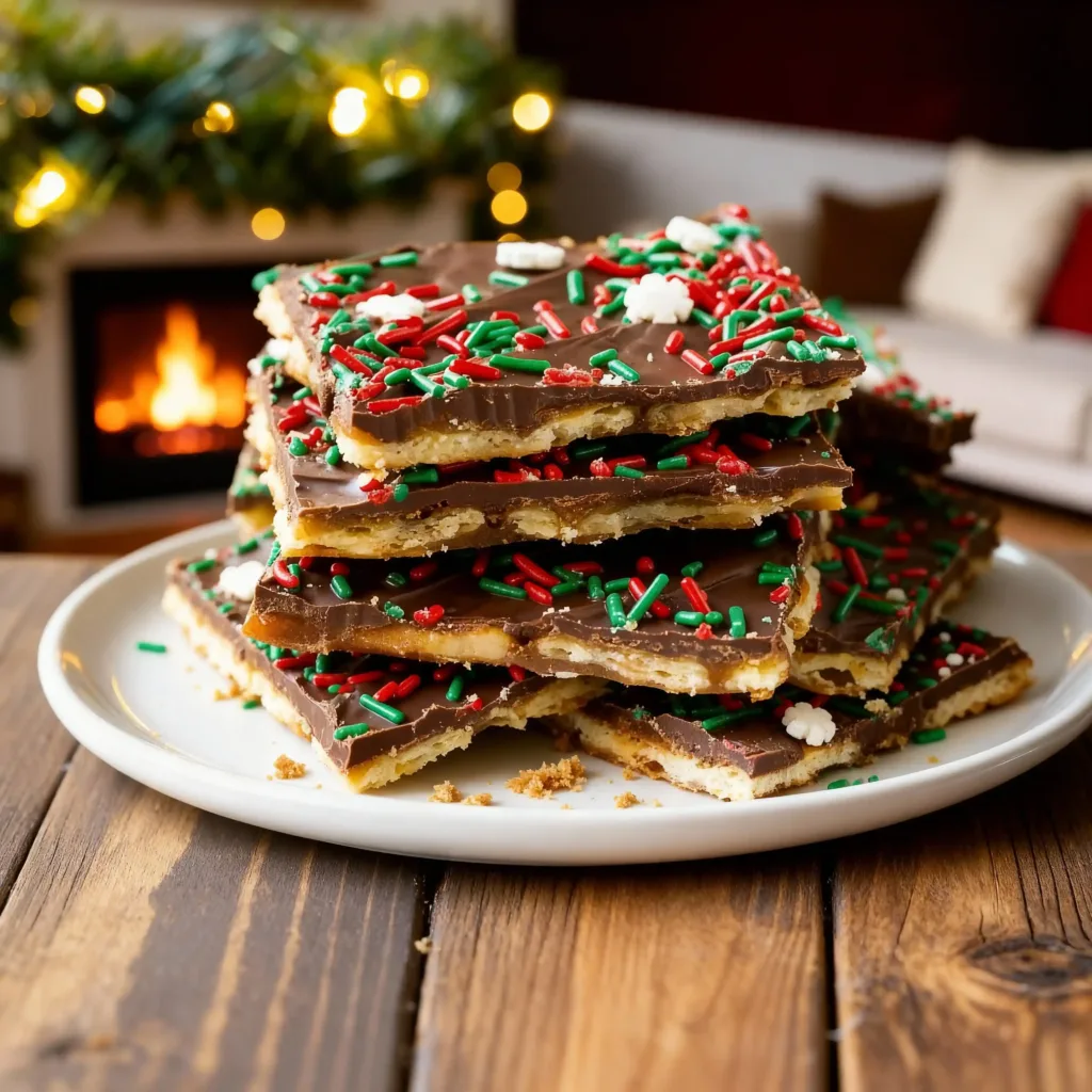 Stack of caramel chocolate bars with holiday sprinkles.