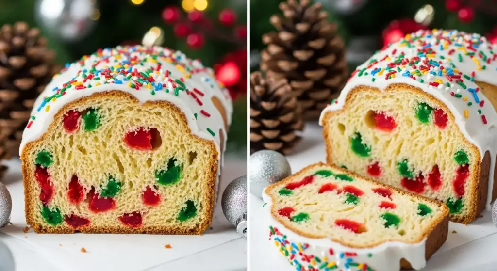 Christmas Bread 8 Christmas Confetti Bread loaf sliced open, showing festive red and green speckled interior, topped with white icing and colorful sprinkles with pinecones and holiday decor in the background.