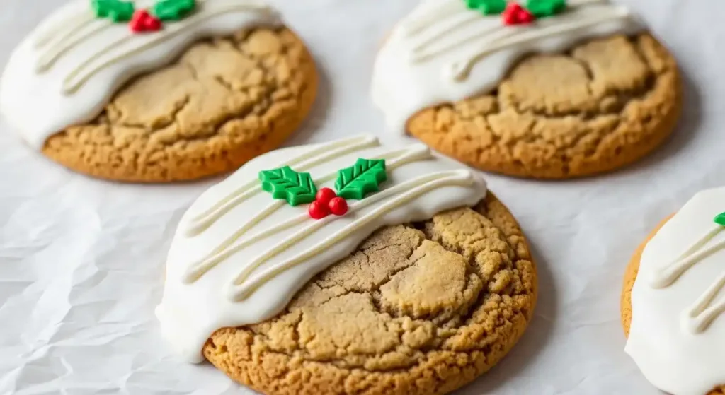 Christmas sugar cookies decorated with white icing and holly leaf designs on parchment paper.