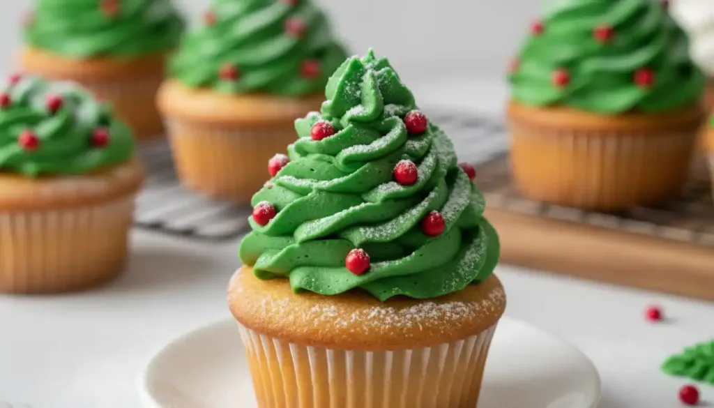 Decorative Christmas Tree Cupcakes with green frosting and colorful ornaments