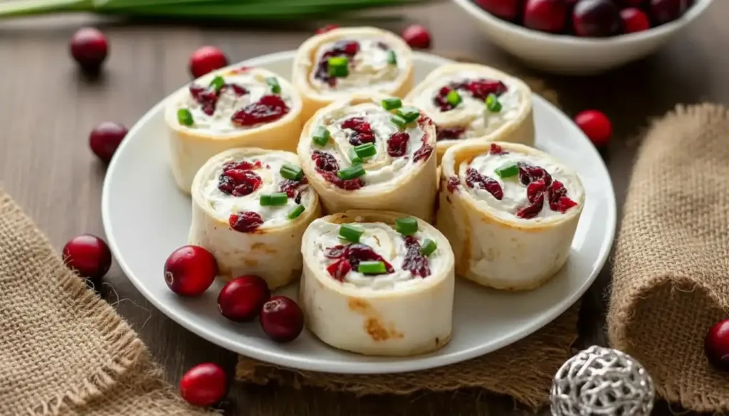 Cranberry tortilla pinwheels with cream cheese filling and green onion on a white plate with fresh cranberries.