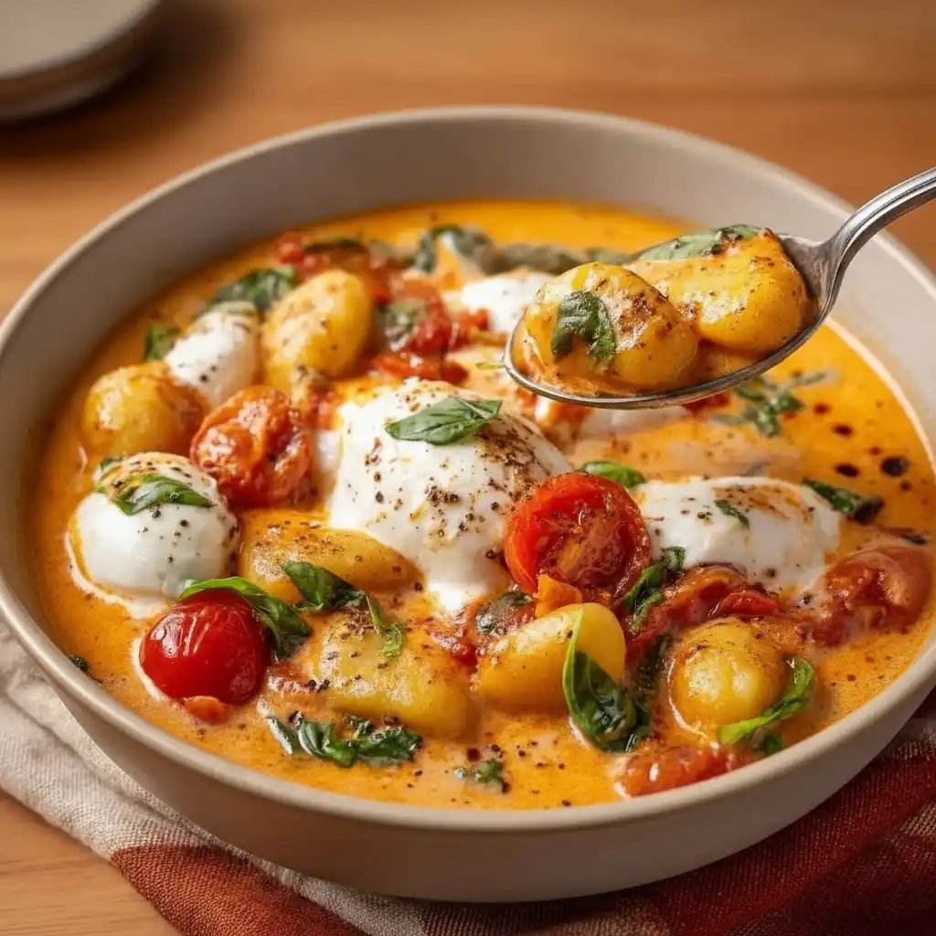 Creamy Tomato Gnocchi 8 Gnocchi in tomato cream sauce with burrata and basil.