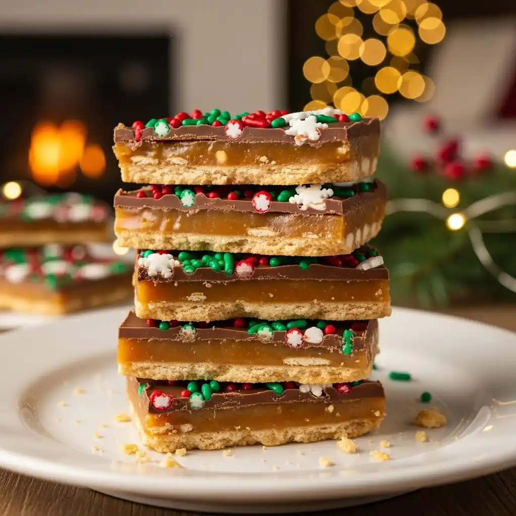 Chocolate toffee bark with red and green sprinkles.