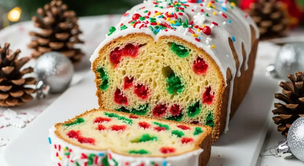 Christmas Bread 7 Sliced Christmas Confetti Bread on a holiday table with pinecones and ornaments, showing colorful red and green bursts inside topped with white frosting and sprinkles.