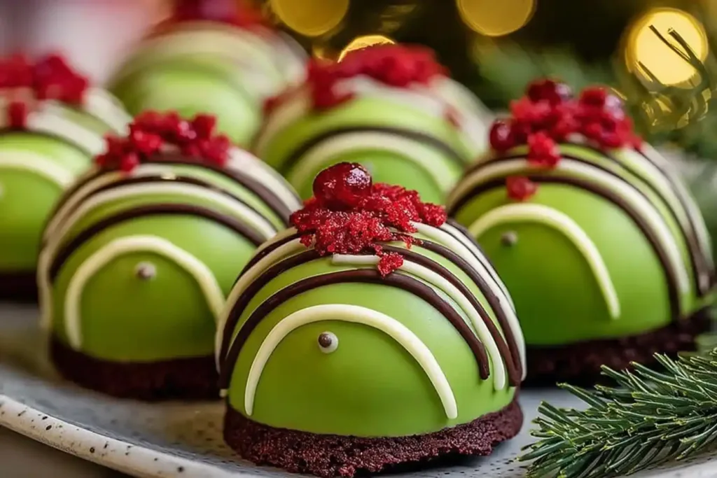 Grinch Oreo Balls made with Red Velvet Oreos decorated for Christmas