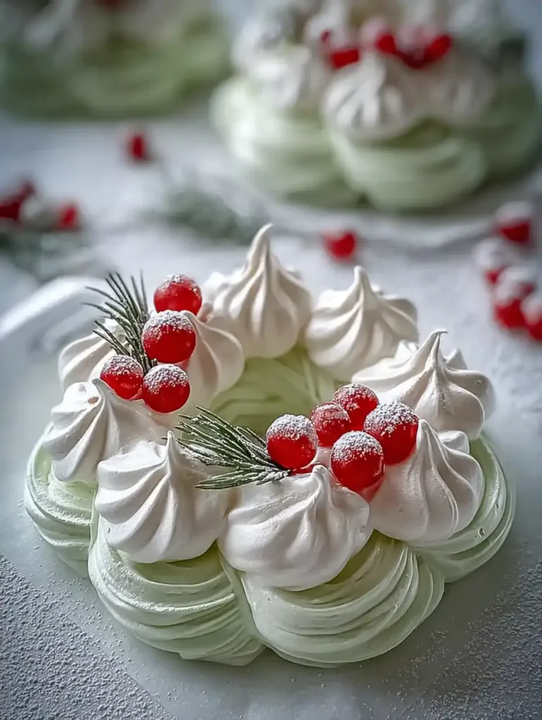 Piping glossy meringue rings with a star tip to make Holiday Wreath Meringues with Berries & Cream.