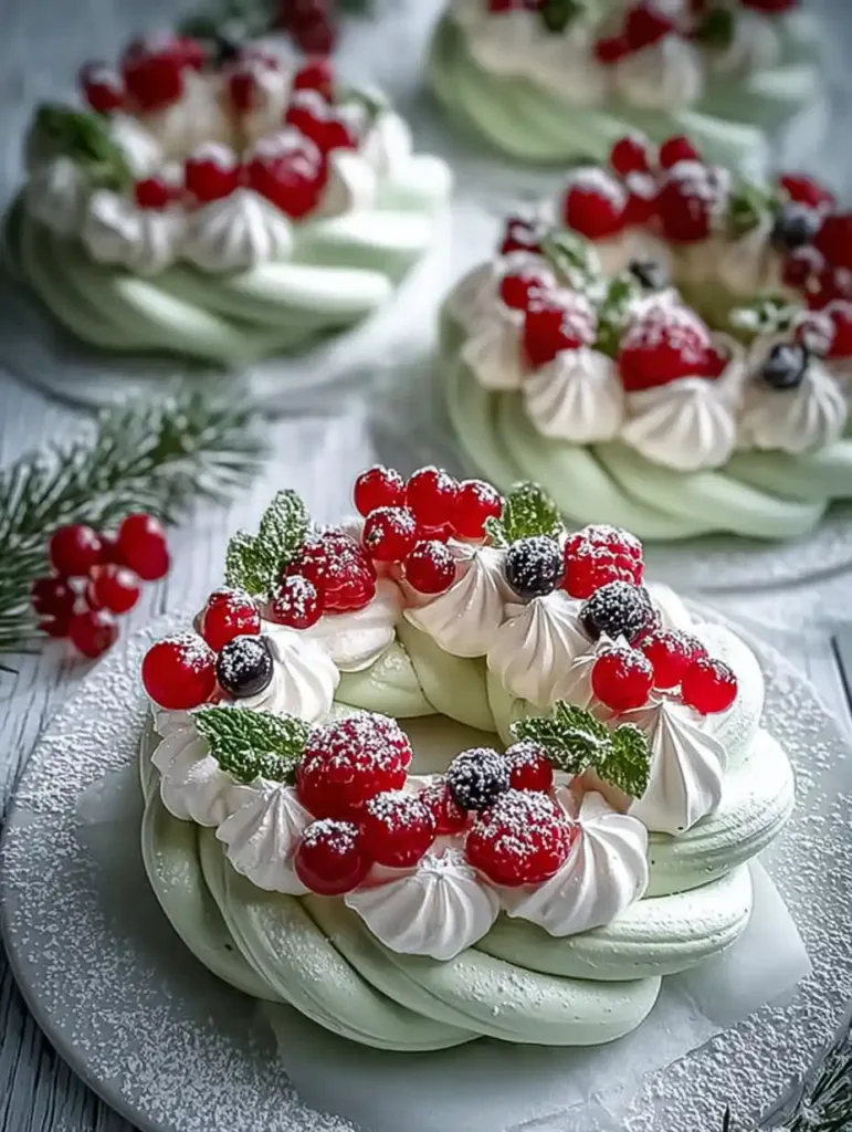Holiday Wreath Meringues with Berries & Cream arranged like mini wreaths with whipped cream, fresh berries, and mint on parchment.
