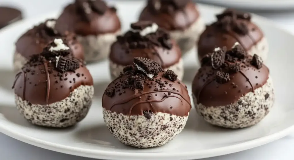 Oreo balls coated in chocolate and crushed cookies on a white plate.