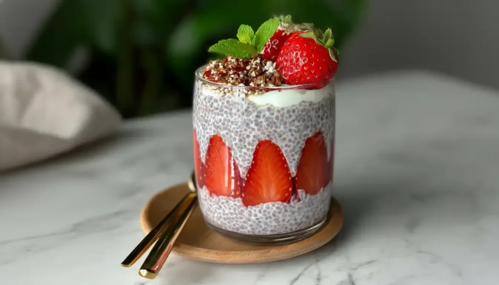 Delicious strawberry crumble chia pudding topped with fresh strawberries