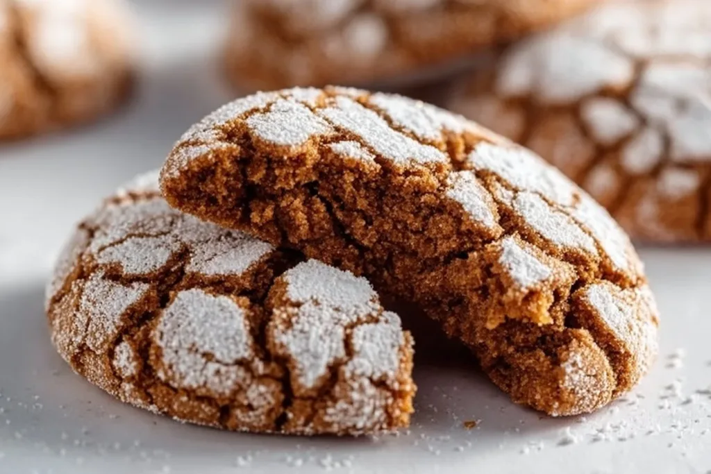 Freshly baked Gingerbread Crinkle Cookies with powdered sugar on top