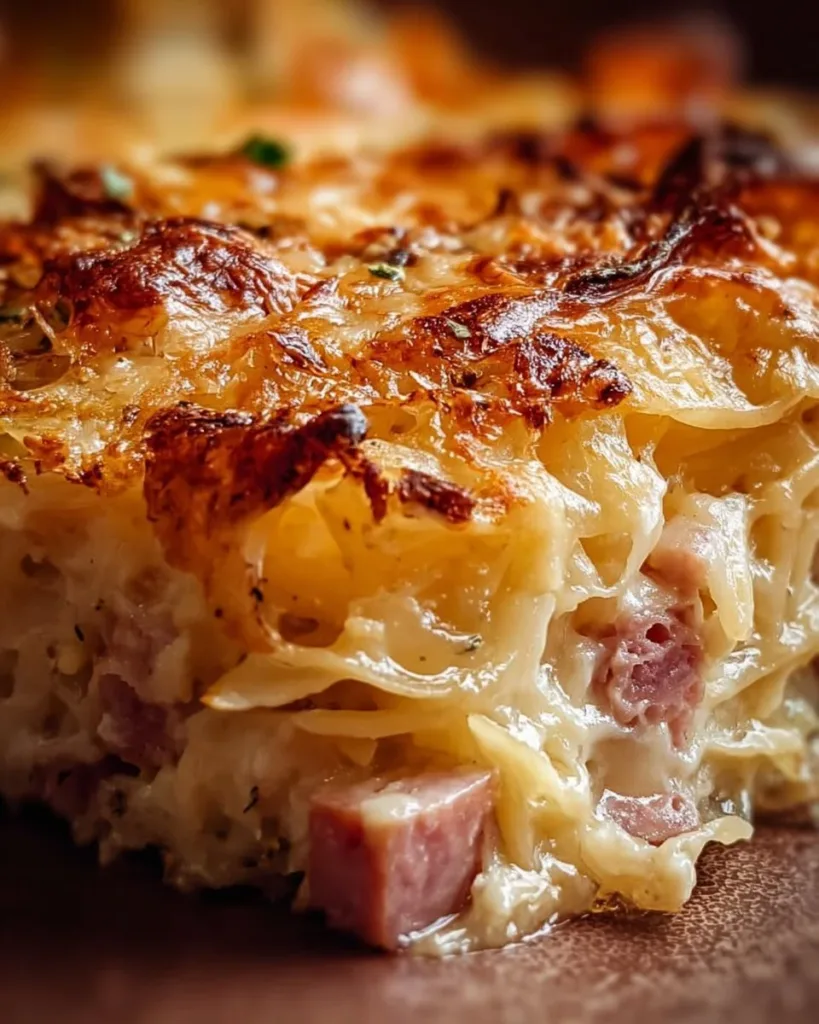 Homemade Reuben Bake with layers of corned beef, sauerkraut, and Swiss cheese.