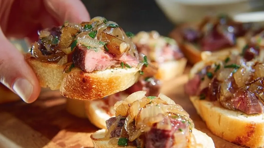 Steak Crostini topped with creamy horseradish sauce and caramelized onions.