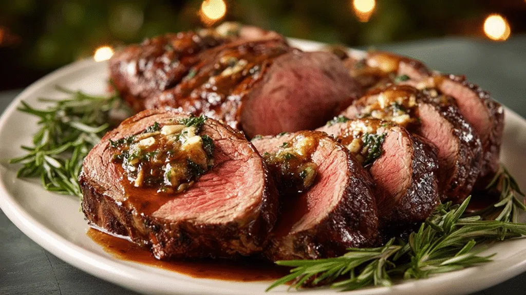 Quick Christmas stuffed beef tenderloin ready to serve for a festive dinner