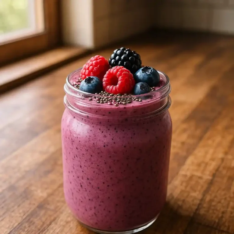 Berry Boost Protein Smoothie in a glass jar with mixed berries
